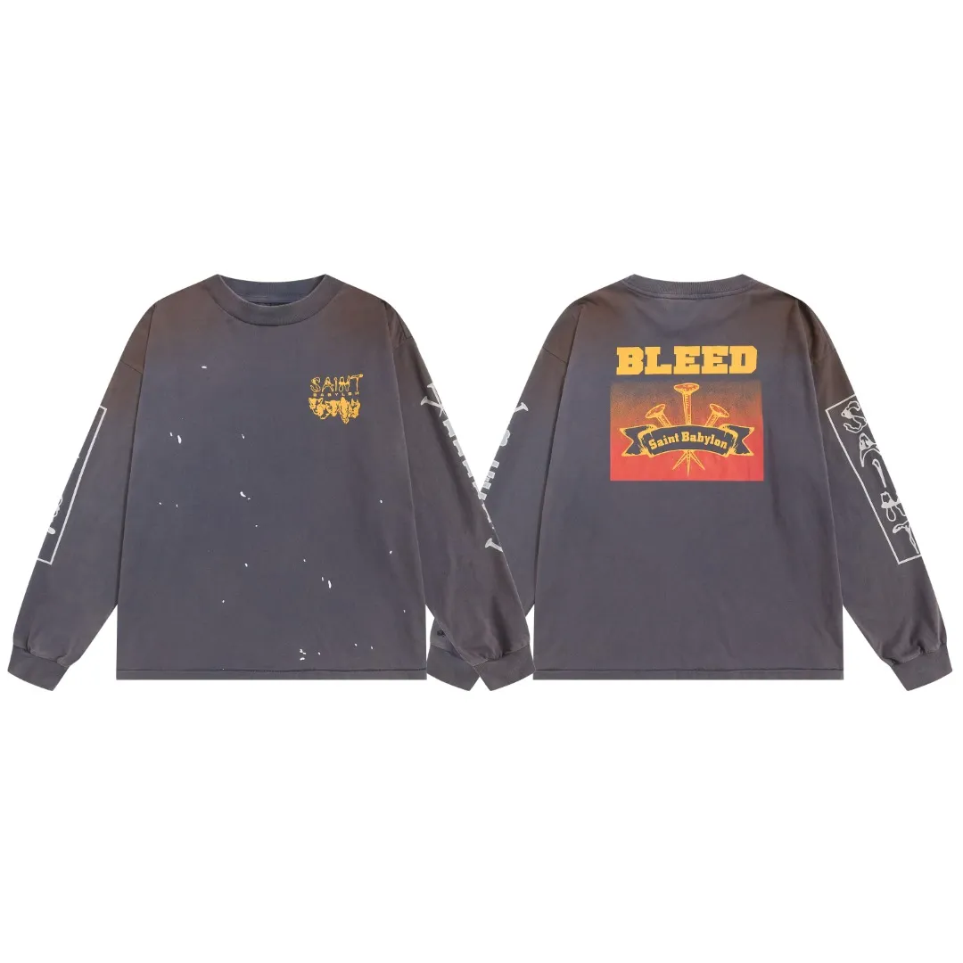 St. Michael's retro nail print co-signed letters washed and distressed casual loose round neck long-sleeved T-shirt on the street. Fabric: 260g Style number: SM660 Size: S-M-L-XL Color: washed blue Price: P156